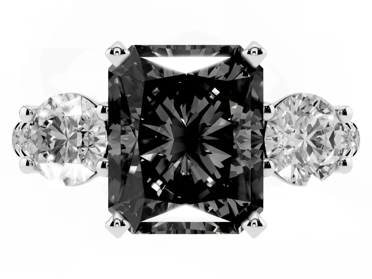 Fancy Black Three-Stone Radiant Cut Diamond Pavé Band with Four-Prong Setting Silver