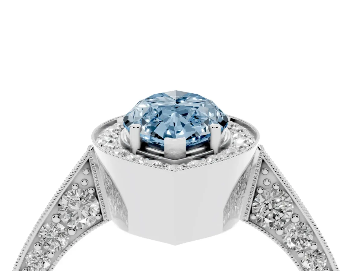 Fancy Blue Marquise Cut Halo Diamond Engagement Ring with Split Shank Band and Four-Prong Setting Silver