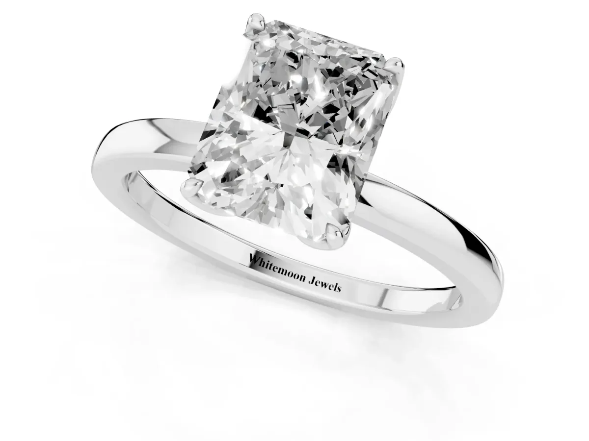 Radiant Cut Diamond Solitaire Ring with Thin Band and Prong Setting Silver