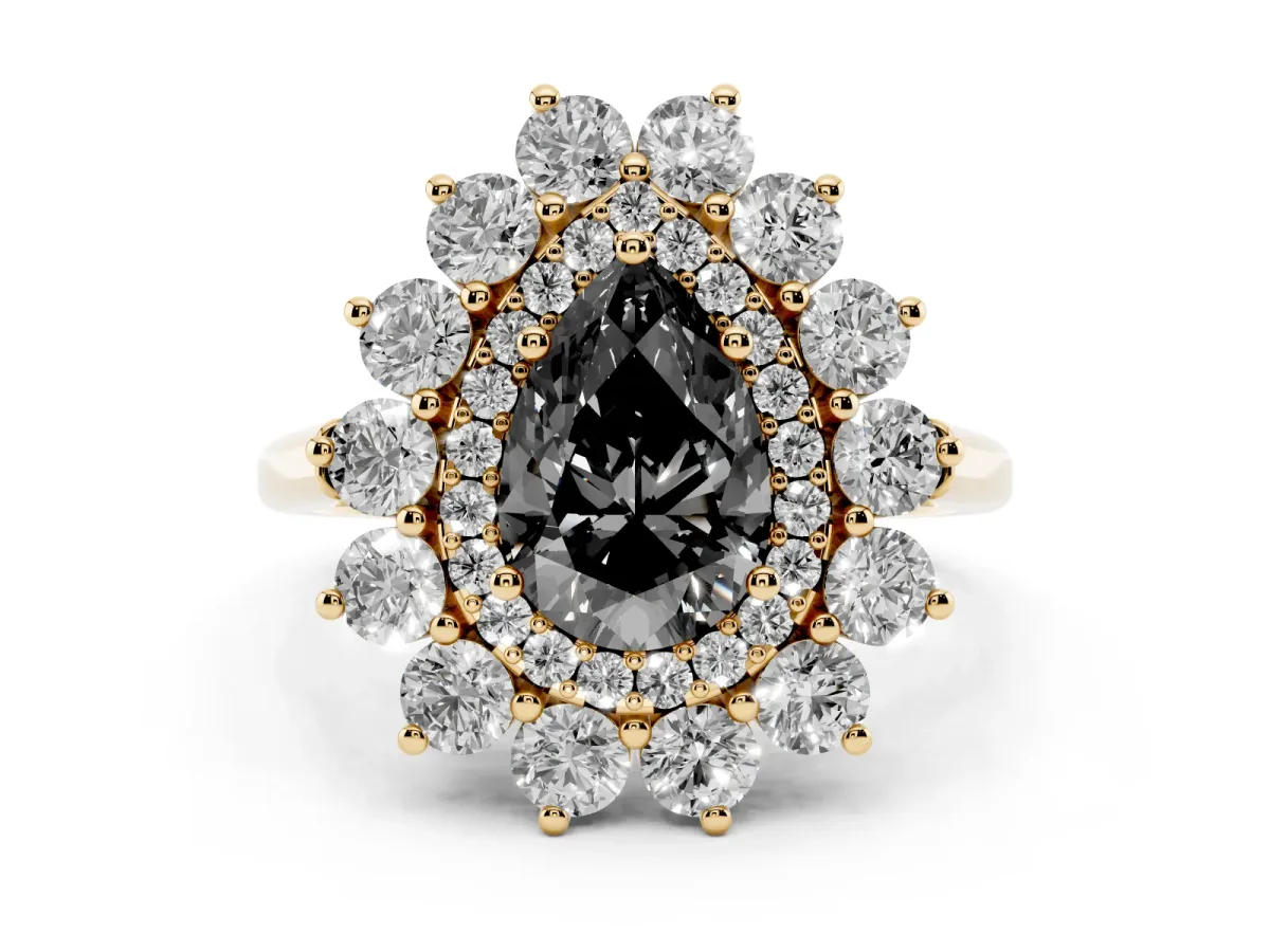 Fancy Black Pear Cut Diamond Floral Double Halo Engagement Ring with Prong Setting Yellow gold