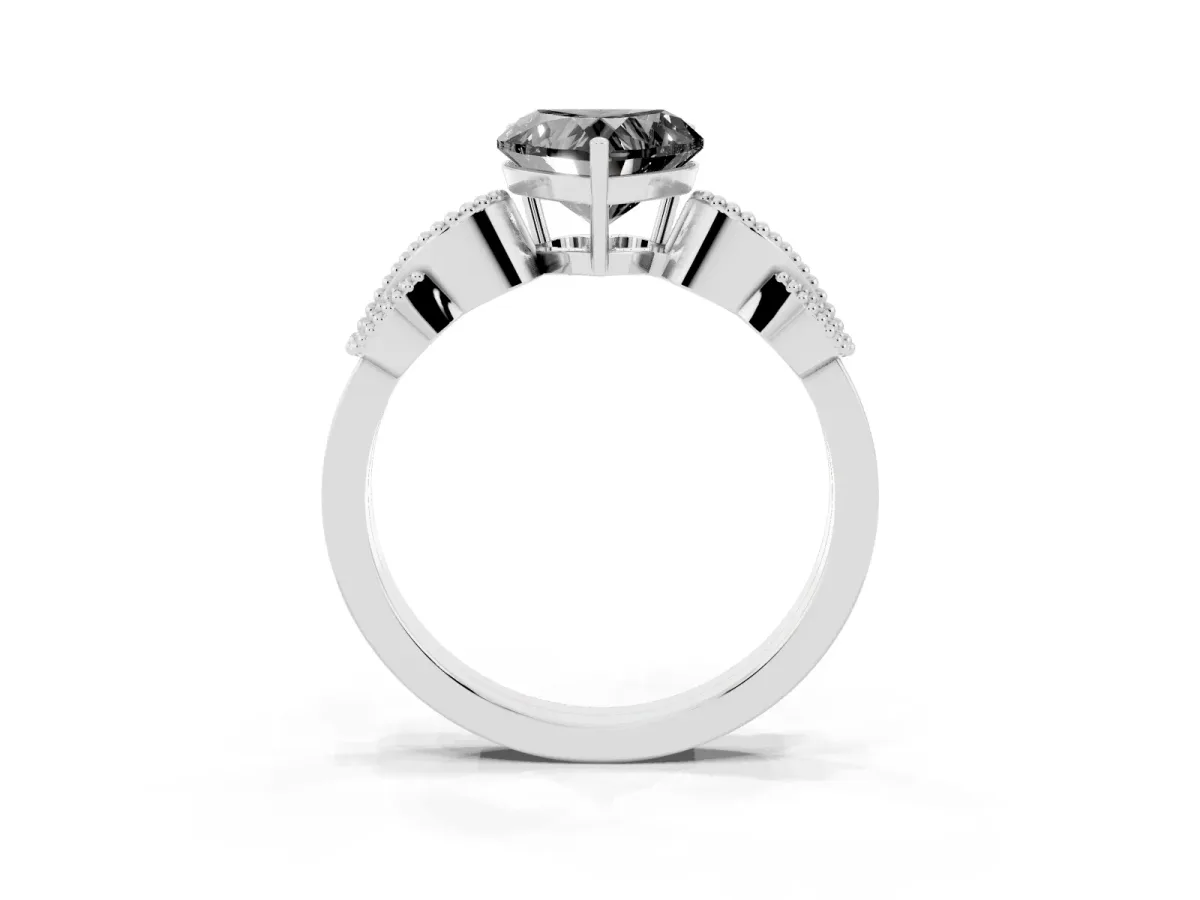 Fancy Black Heart Cut Solitaire Milgrain Leaf Band with Prong Setting Silver