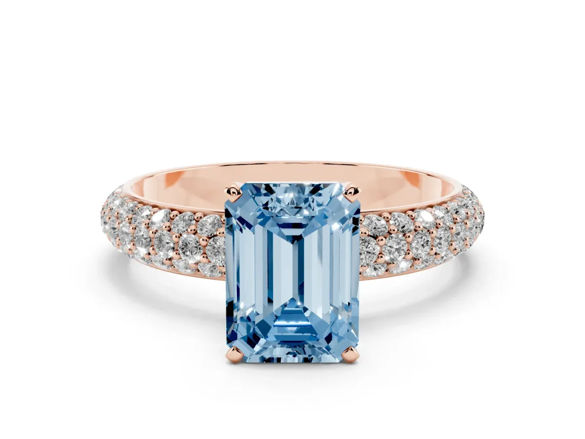 Fancy Blue Emerald Cut Diamond Solitaire Ring with Prong Setting and Pavé Band Rose gold