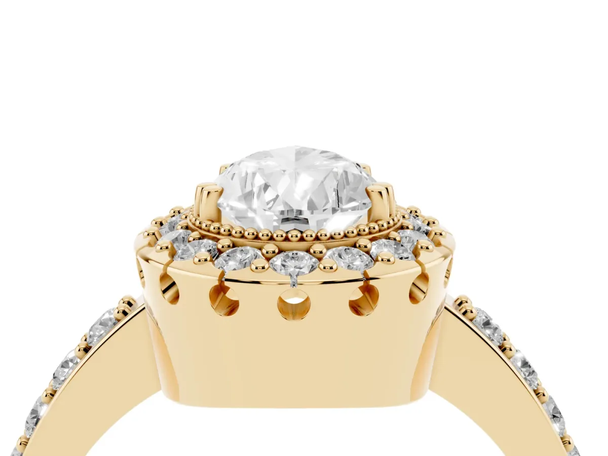 Pear Cut Diamond Halo Ring with Pavé Band and Prong Setting Yellow gold