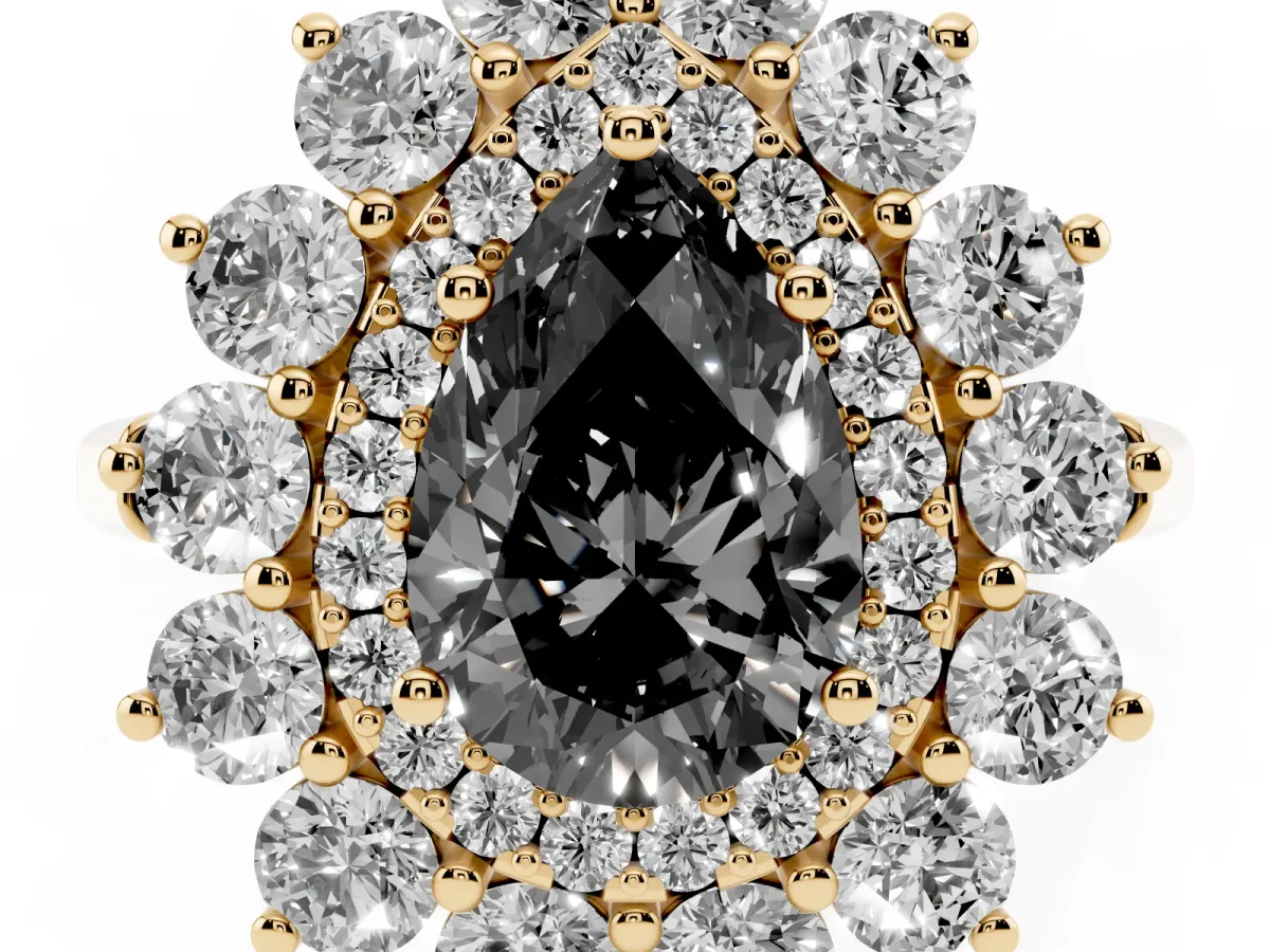 Fancy Black Pear Cut Diamond Floral Double Halo Engagement Ring with Prong Setting Yellow gold