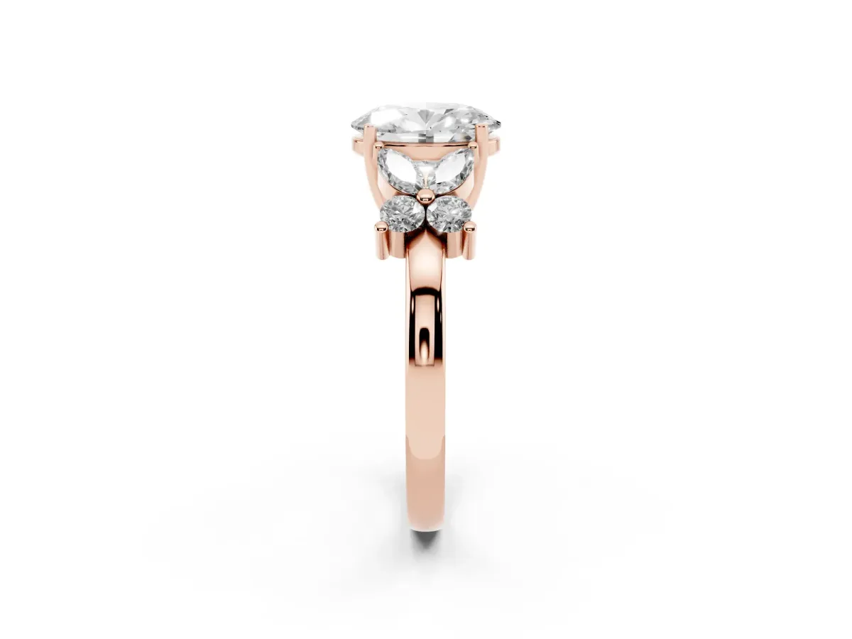 Oval Cut Diamond Floral Cluster Ring with Solitaire Band and Prong Setting Rose gold