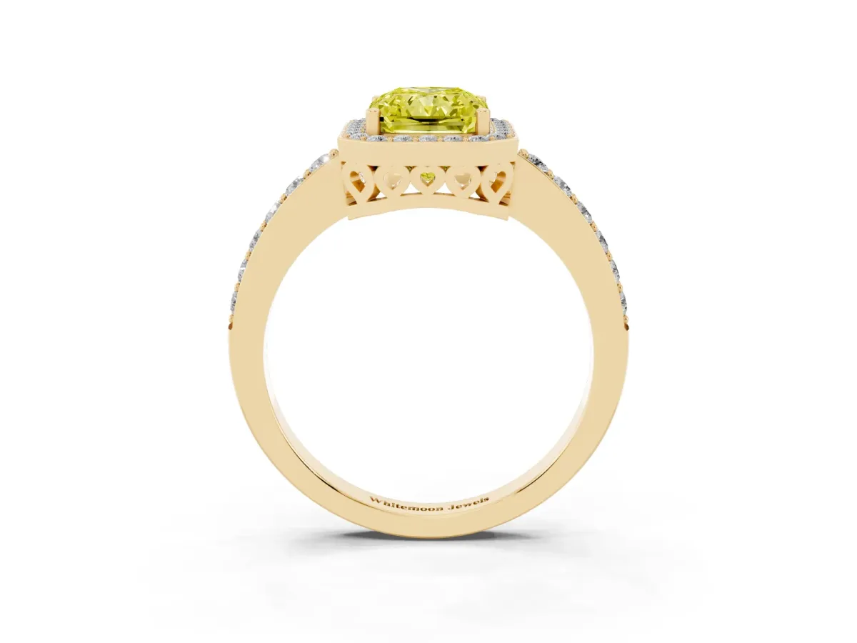 Fancy Yellow Radiant Cut Halo Diamond Pavé Band Ring with Prong Setting Yellow gold