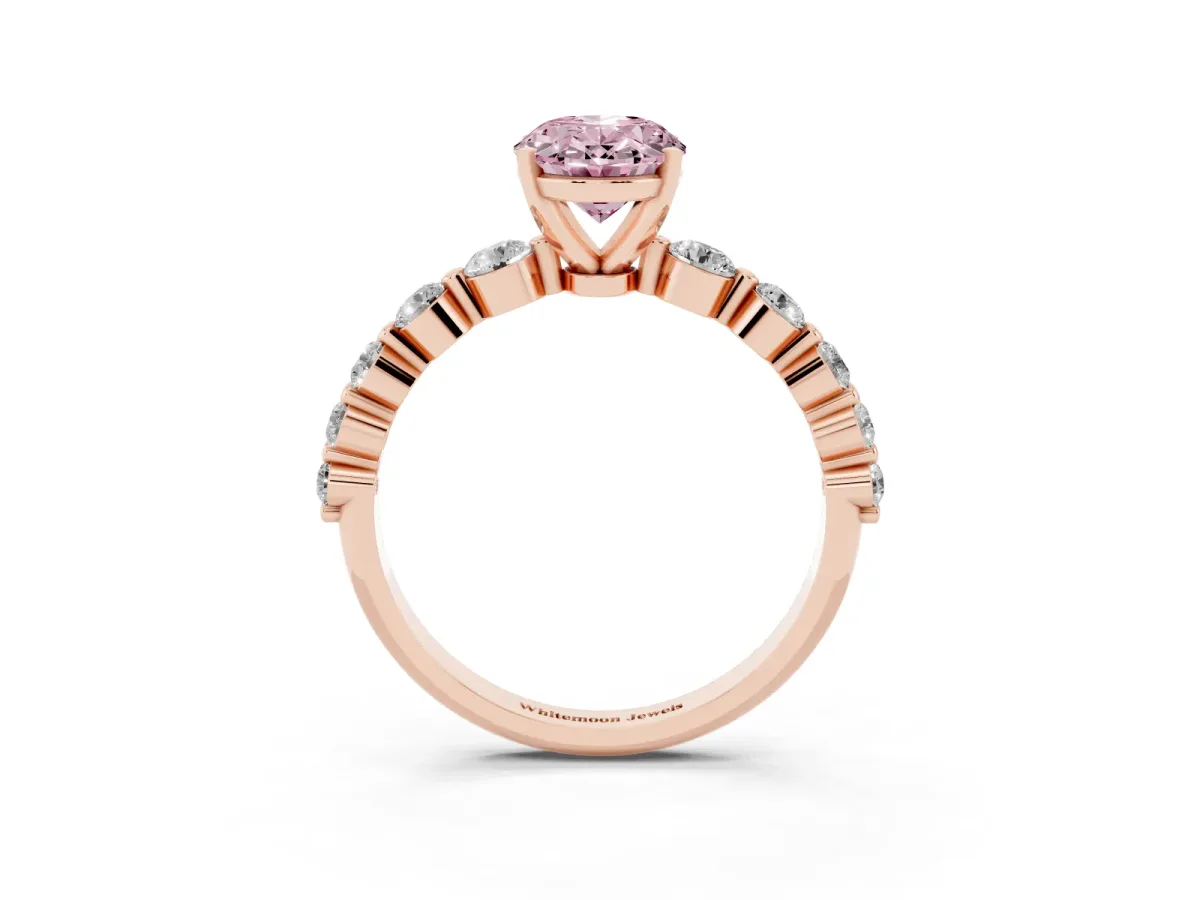 Fancy Pink Oval Cut Solitaire Diamond Ring with Pave Band and Four-Prong Setting Rose gold