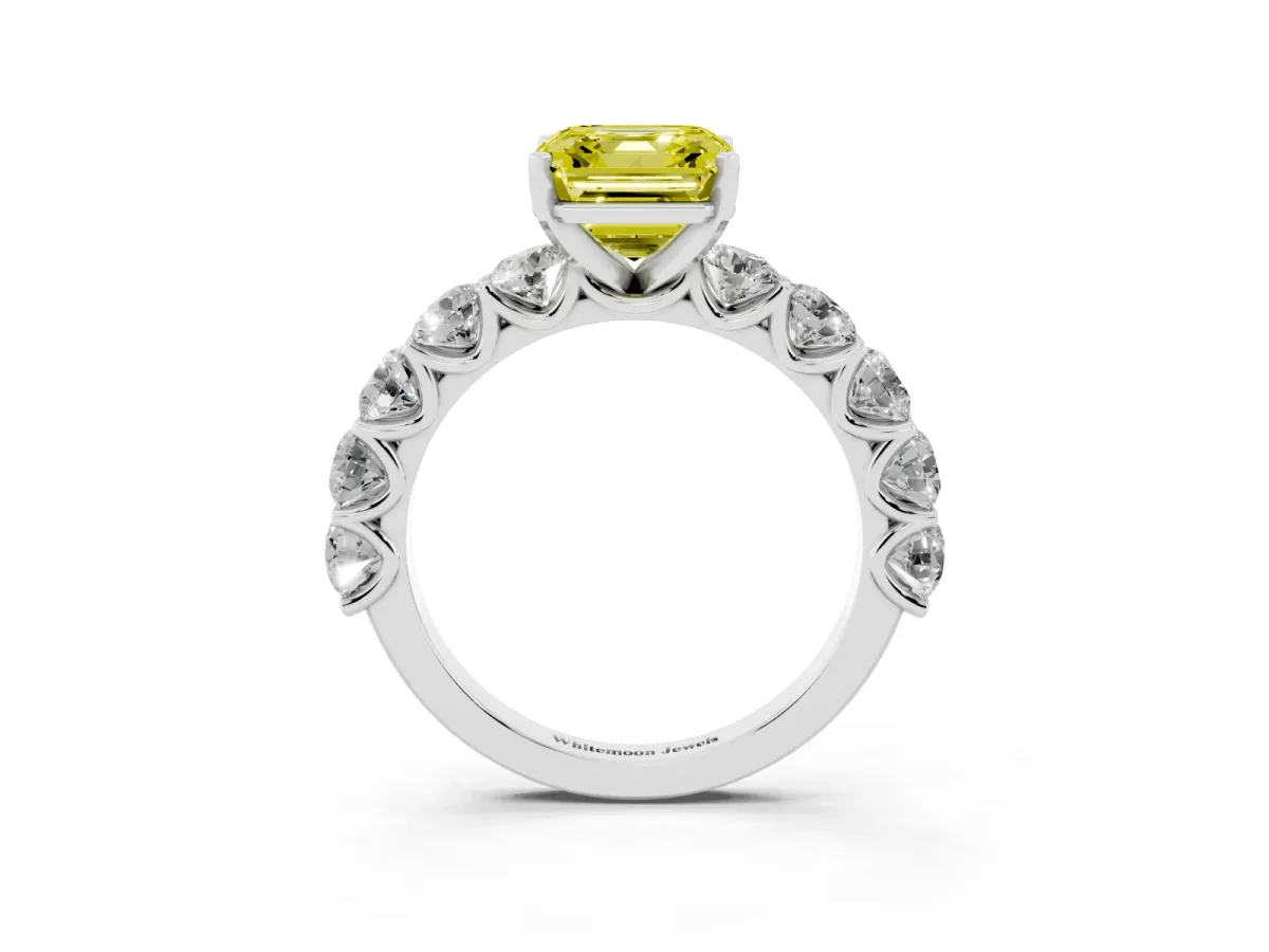 Fancy Yellow Asscher Cut Diamond Prong Setting with Side Stones on a Pave Band Silver
