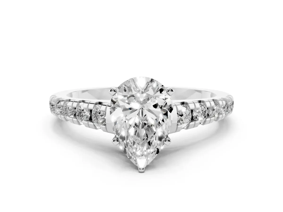 Pear Cut Diamond Cathedral Solitaire Ring with Round Pavé Band Platinum