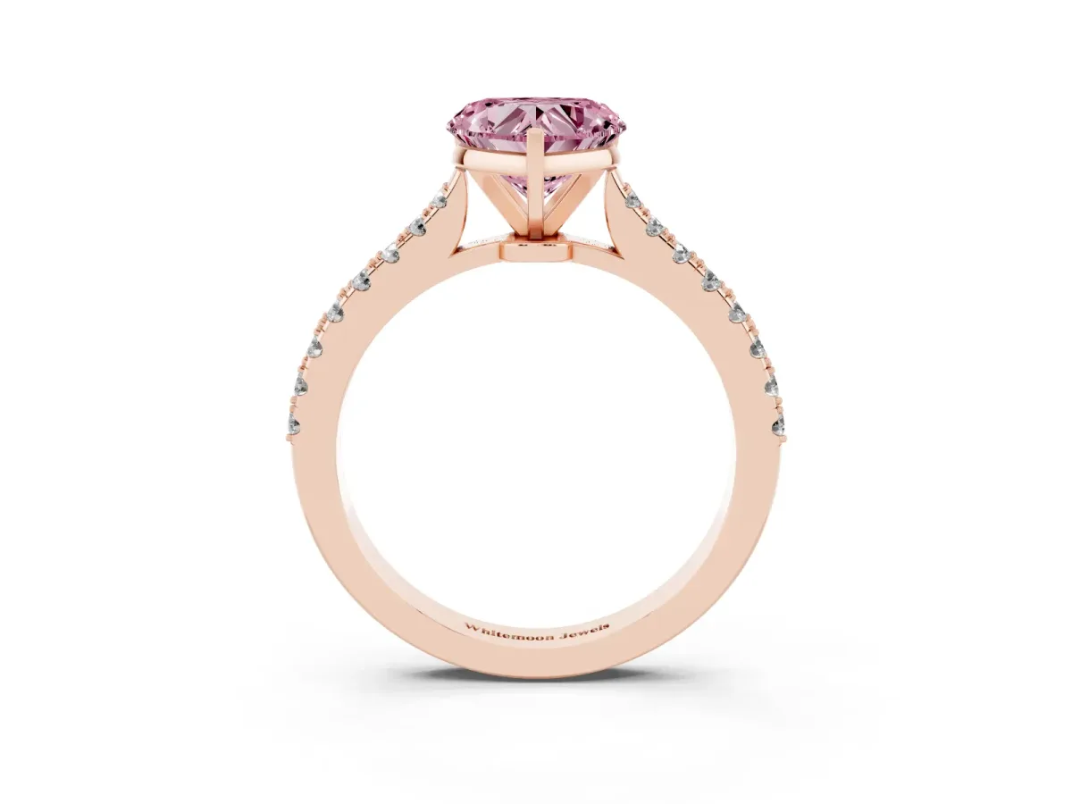 Fancy Pink Heart Cut Cut Solitaire Diamond Engagement Ring with Pave Band and Four-Prong Setting Rose gold