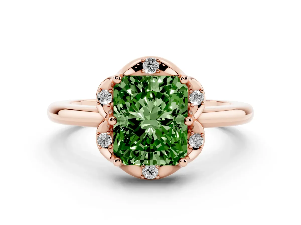Fancy Green Radiant Cut Halo Diamond Ring with Round Cluster Setting, Solitaire Band, and Four-Prong Setting Rose gold