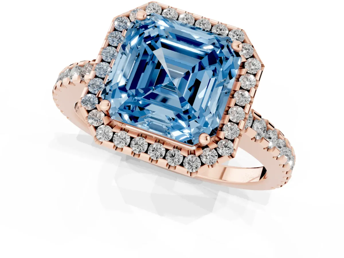 Fancy Blue Asscher Cut Diamond Halo Engagement Ring with Pavé Band and Prong Setting Rose gold