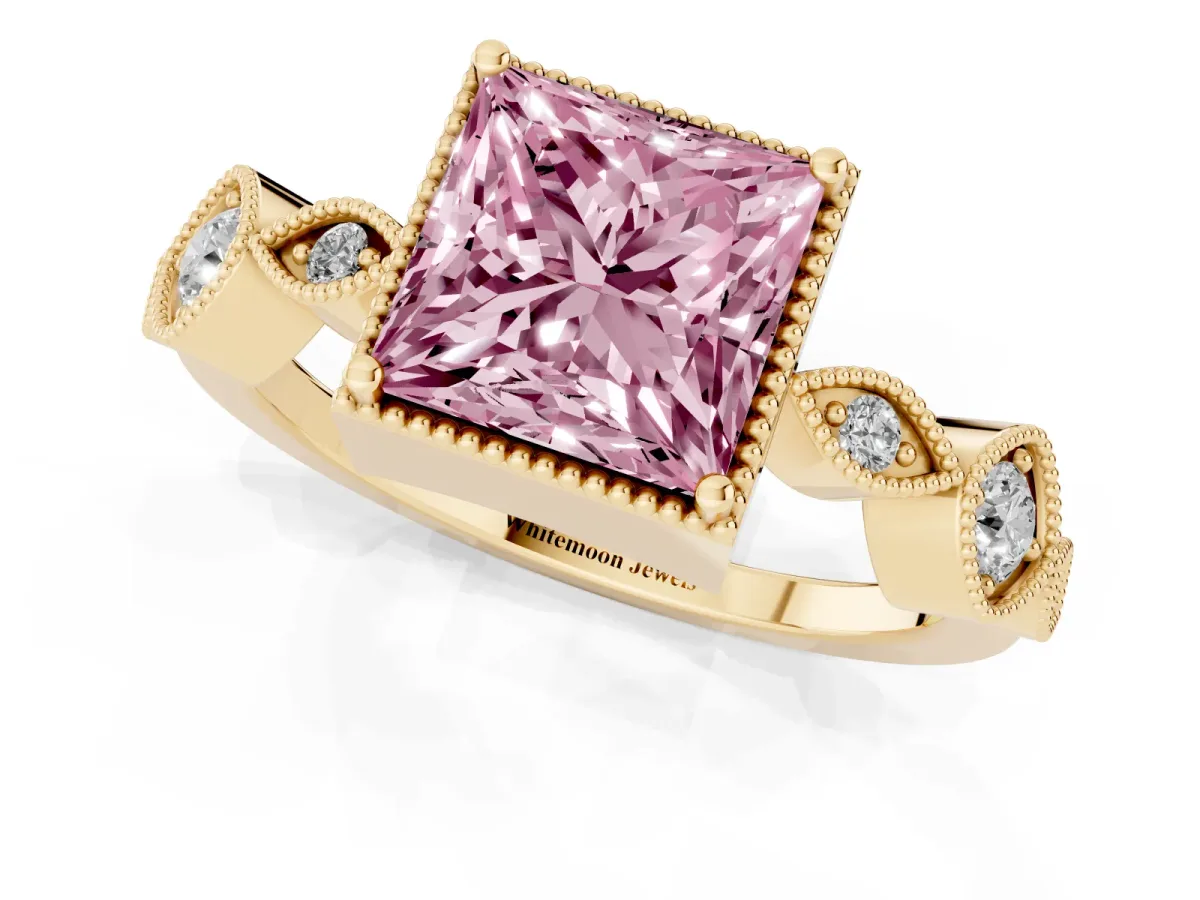 Fancy Pink Princess Cut Diamond Vintage Milgrain Ring with Round Stations Yellow gold