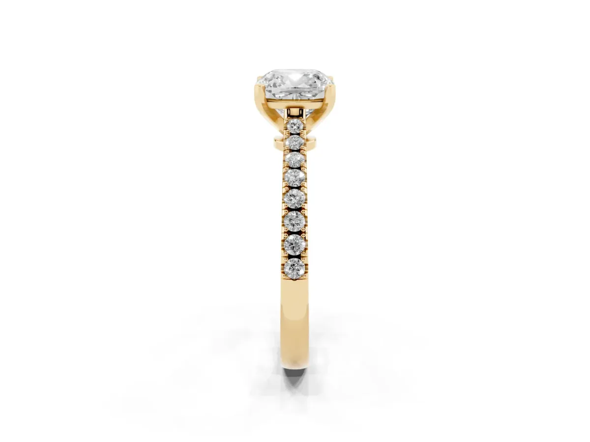 Cushion Cut Cut Solitaire Diamond Engagement Ring with Pave Band and Four-Prong Setting Yellow gold