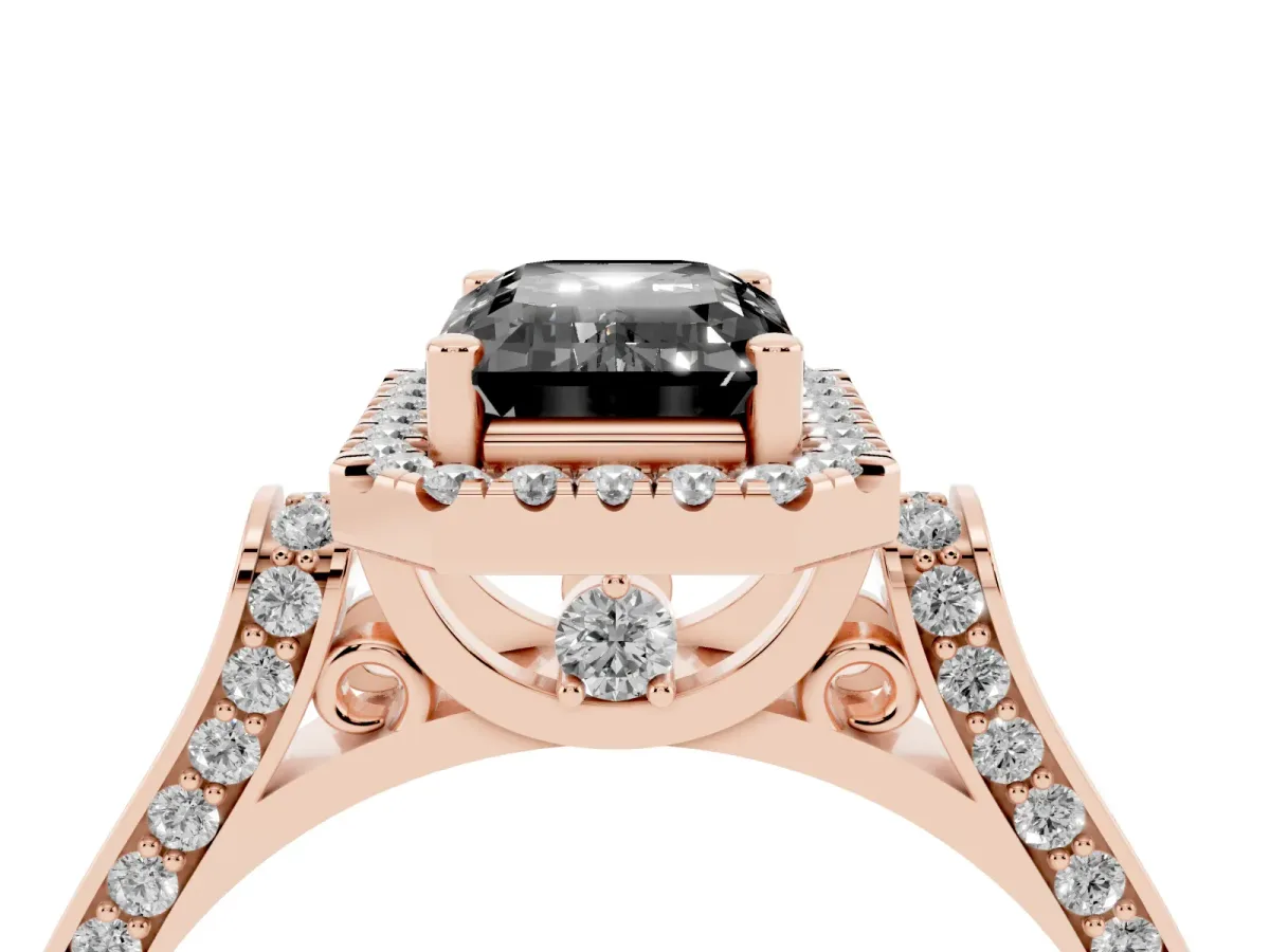 Fancy Black Emerald Cut Halo Round Diamond Twist Band with Four-Prong Setting Rose gold