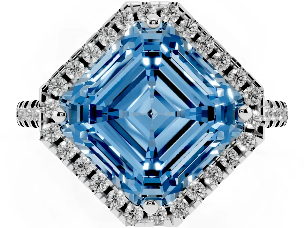 Fancy Blue Asscher Cut Diamond Cushion Halo Ring with Pavé Band Platinum