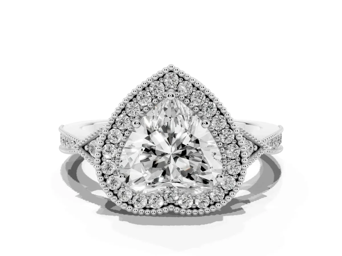 Heart Cut Halo Round Diamond Milgrain Pave Engagement Ring Silver