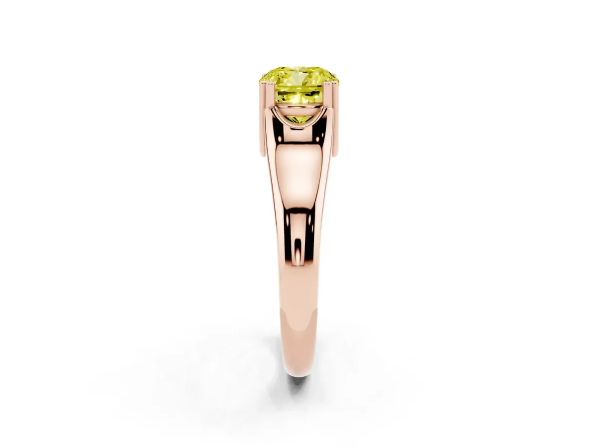 Fancy Yellow Cushion Cut Diamond Solitaire Ring with Wide Band and Prong Setting Rose gold