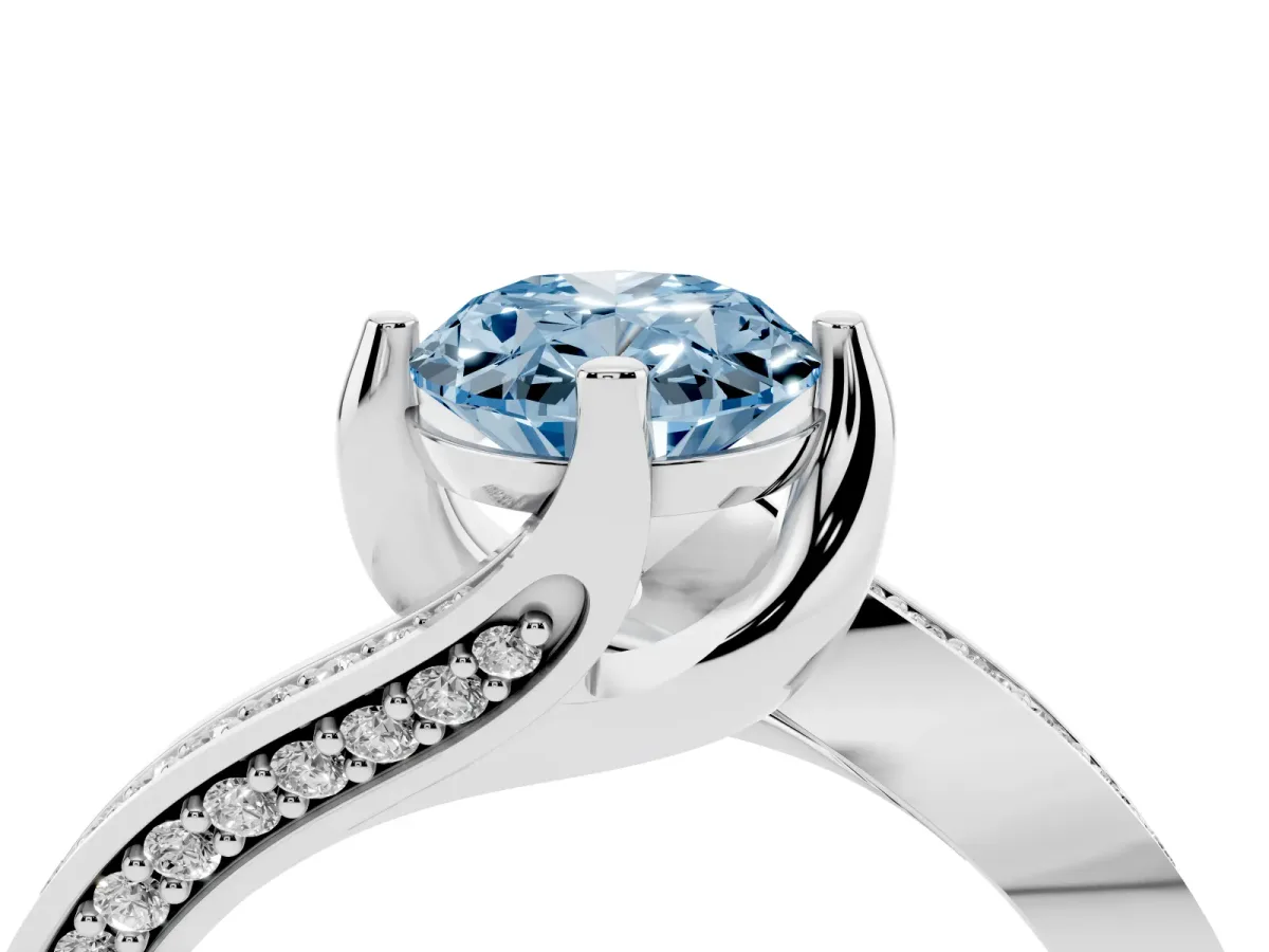 Fancy Blue Oval Cut Solitaire Diamond Twist Band with Pavé Setting and Four-Prong Setting Silver