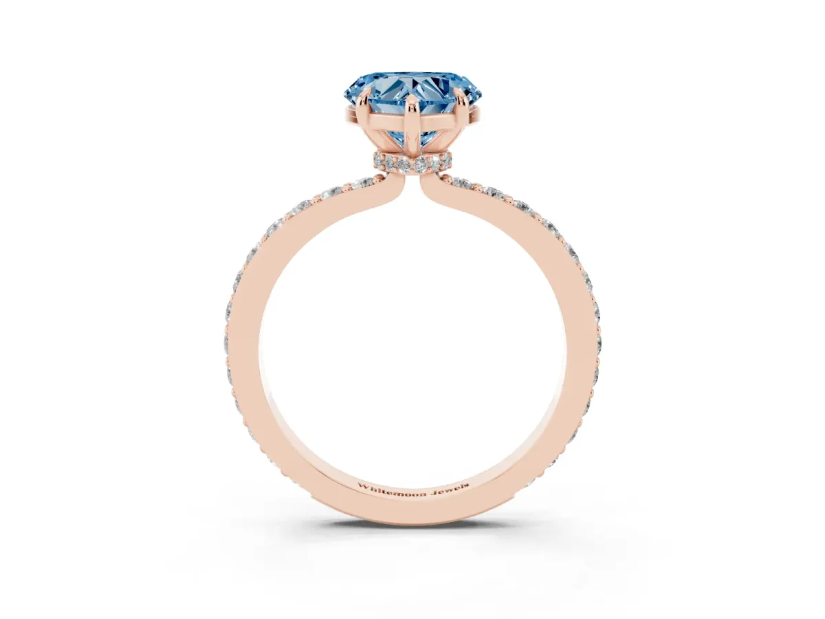 Fancy Blue Heart Cut Diamond Pavé Engagement Ring with Round Accents and Prong Setting Rose gold