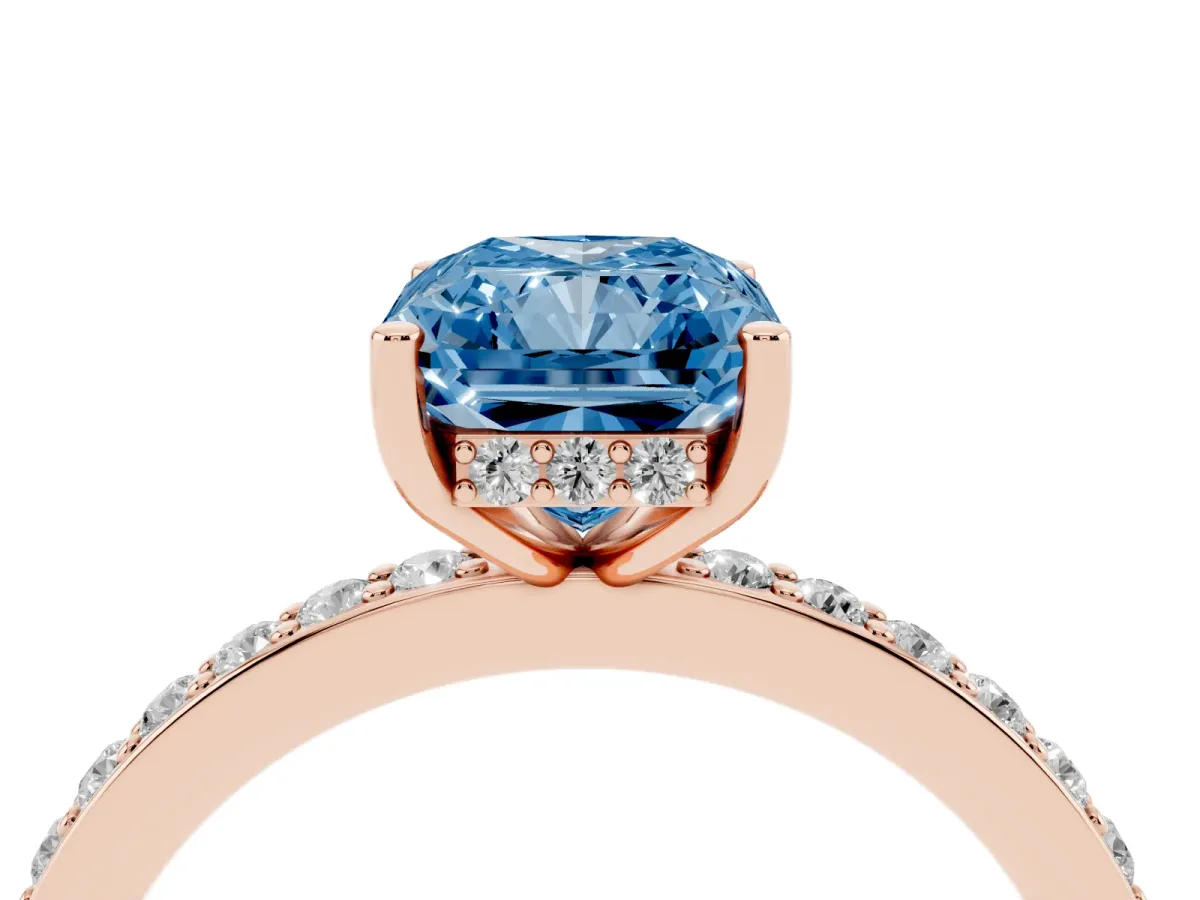 Fancy Blue Radiant Cut Cut Diamond Pavé Band Ring with Four-Prong Setting Rose gold