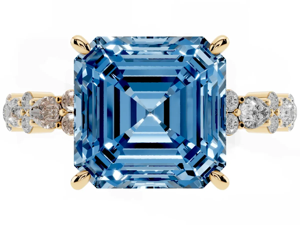 Fancy Blue Asscher Cut Diamond Side Stone Solitaire Ring with Round and Four-Prong Setting Yellow gold