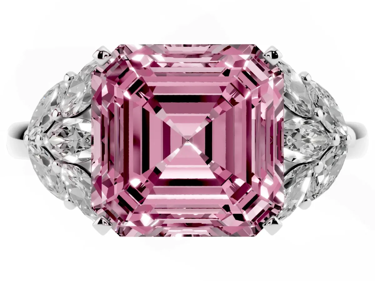 Fancy Pink Asscher Cut Diamond Cluster Leaf Design Ring with Prong Setting Silver