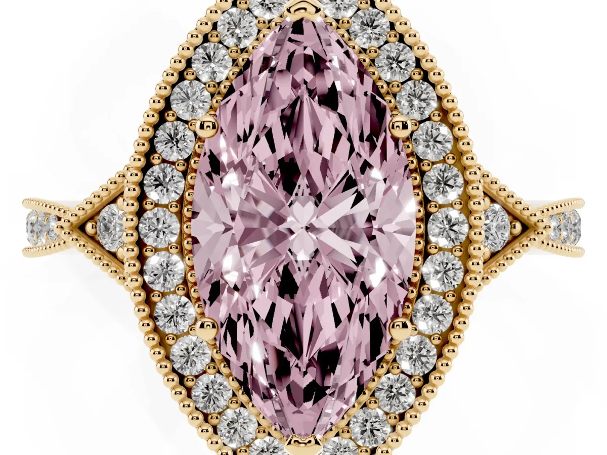 Fancy Pink Marquise Cut Halo Round Diamond Milgrain Pave Engagement Ring Yellow gold