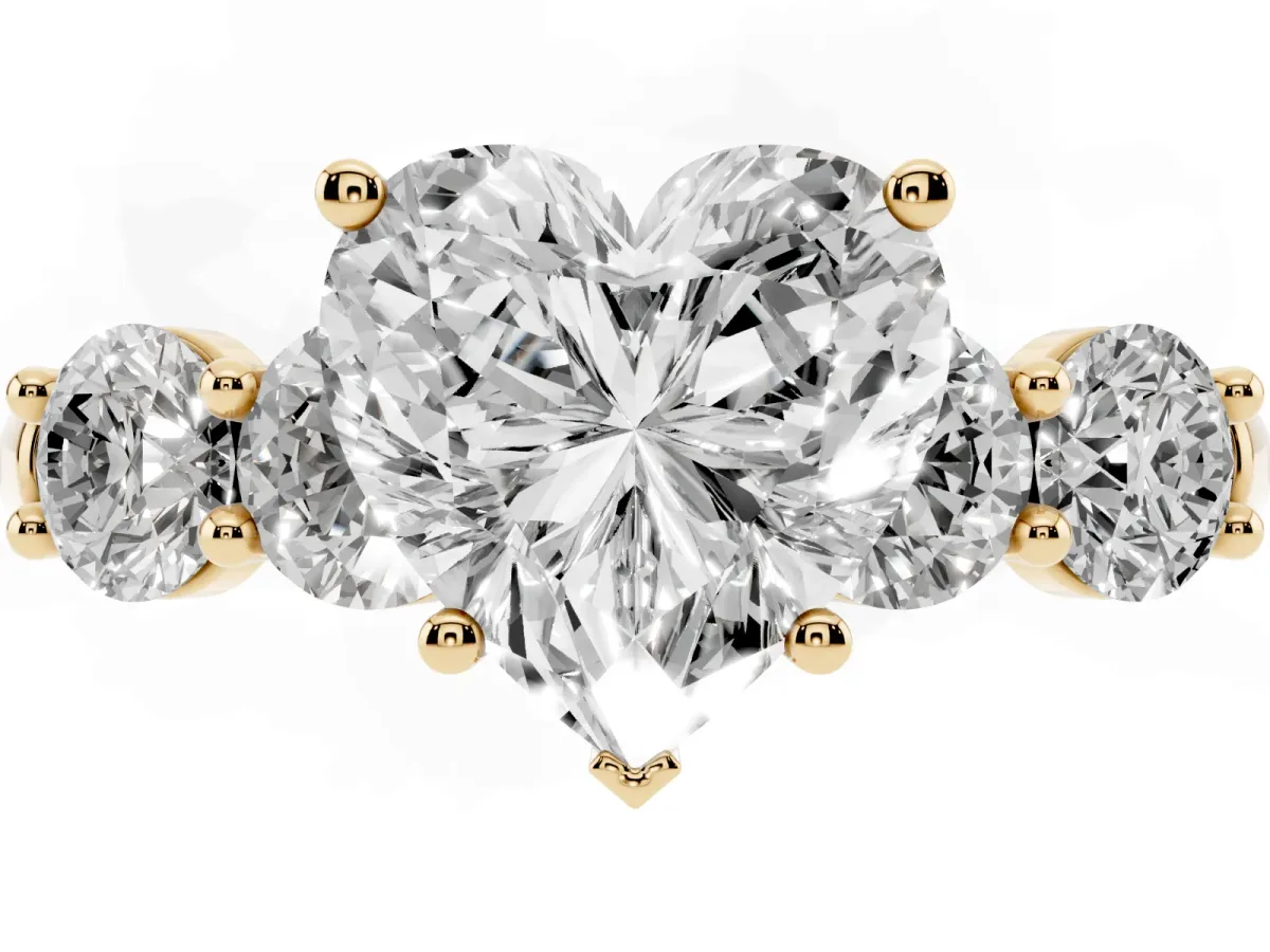 Heart Cut Cut Five-Stone Prong Set Diamond Ring with Classic Band Yellow gold