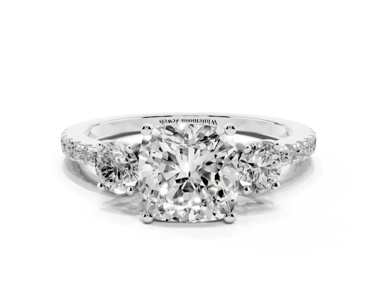 Three-Stone Cushion Cut Cut Diamond Pavé Band with Prong Setting White gold