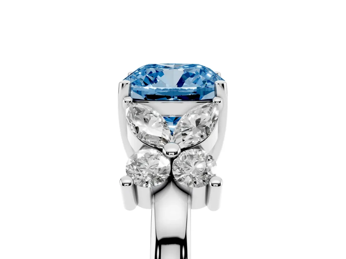 Fancy Blue Cushion Cut Diamond Floral Cluster Ring with Solitaire Band and Prong Setting Silver