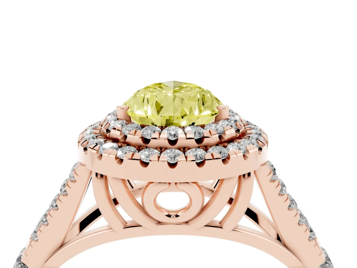 Fancy Yellow Pear Cut Diamond Double Halo Ring with Split Shank and Prong Setting Rose gold