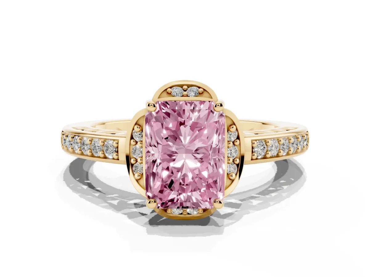 Fancy Pink Radiant Cut Cut Halo Diamond Ring with Channel Set Band and Four-Prong Setting Yellow gold