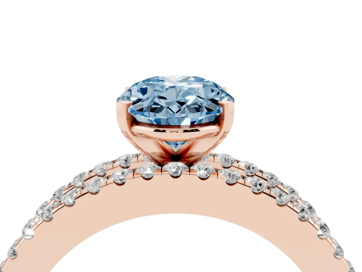 Fancy Blue Oval Cut Diamond Solitaire Ring with Pavé and Channel Set Band Rose gold