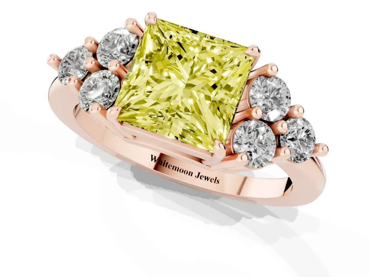 Fancy Yellow Princess Cut Brilliant Diamond Cluster Accent Solitaire Ring with Prong Setting Rose gold