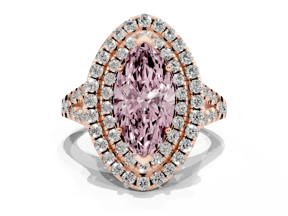Fancy Pink Double Halo Marquise Cut Diamond Pavé Split Shank Ring with Prong Setting Rose gold