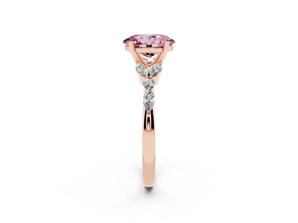 Fancy Pink Oval Cut Diamond Solitaire Ring with Side Stones and Four-Prong Setting Rose gold