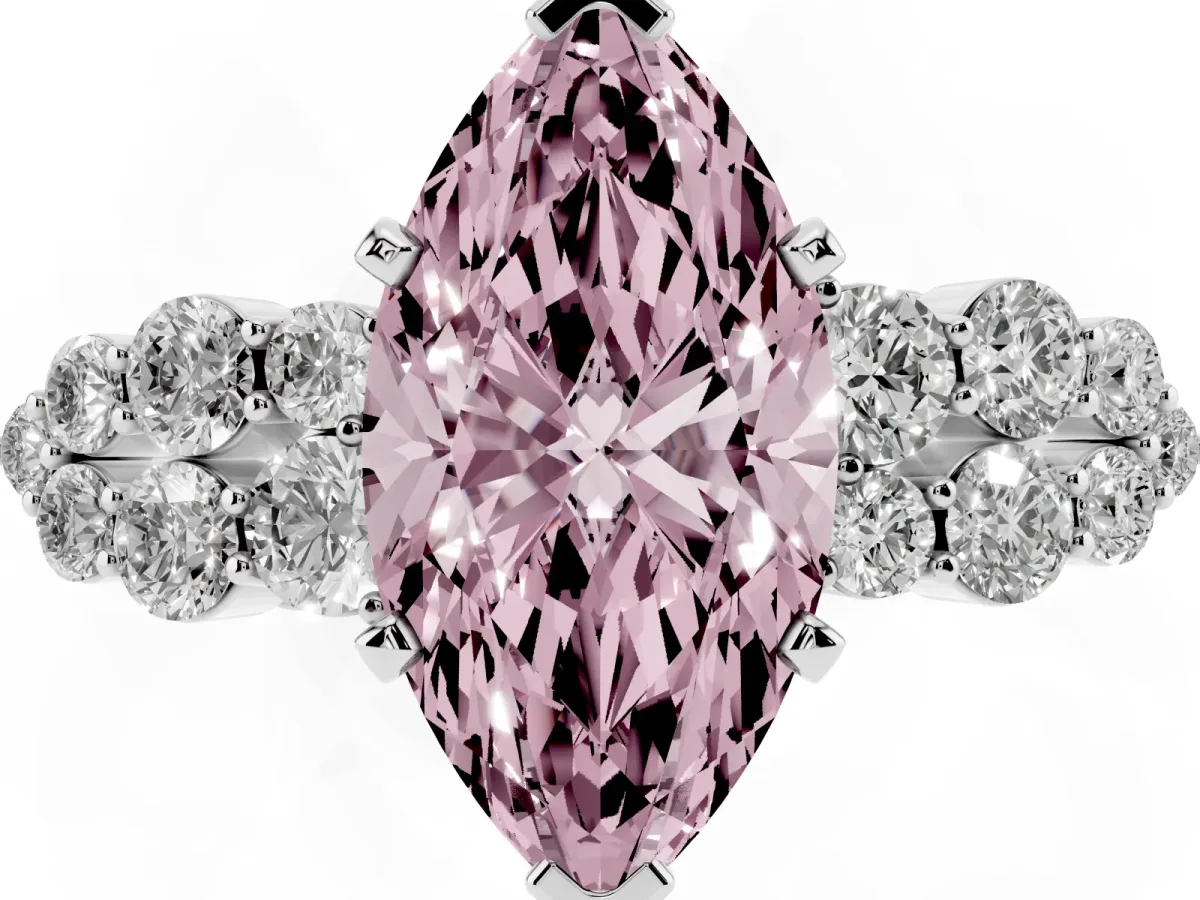 Fancy Pink Marquise Cut Cluster Diamond Engagement Ring with Pavé Band and Four-Prong Setting Silver