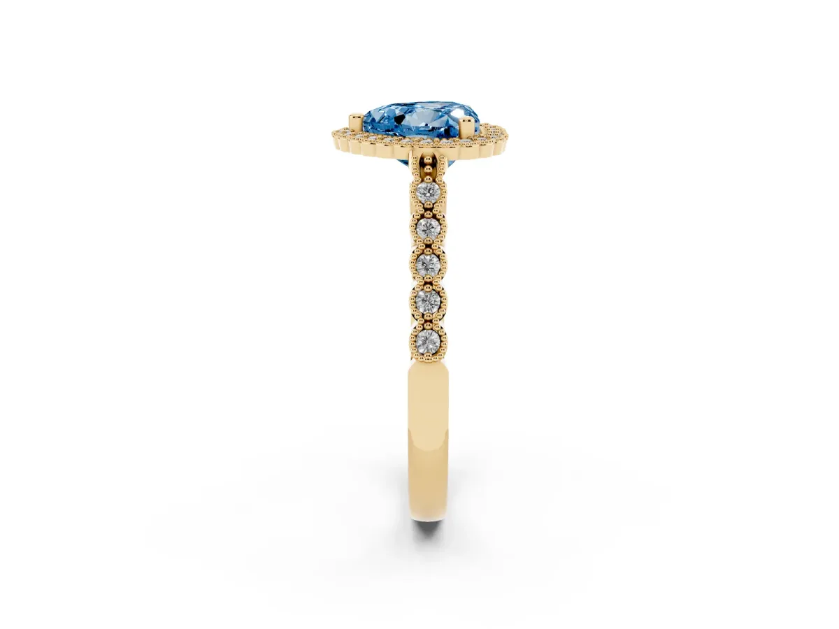 Fancy Blue Heart Cut Cut Halo Pavé Solitaire Ring with Milgrain Band Yellow gold