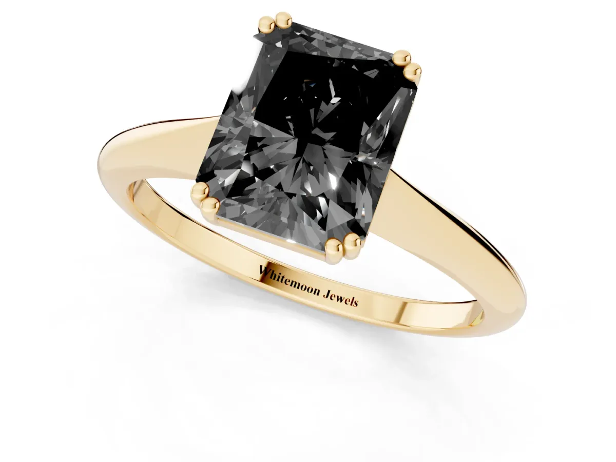 Fancy Black Radiant Cut Solitaire Diamond Ring with Six-Prong Setting and Classic Band Yellow gold