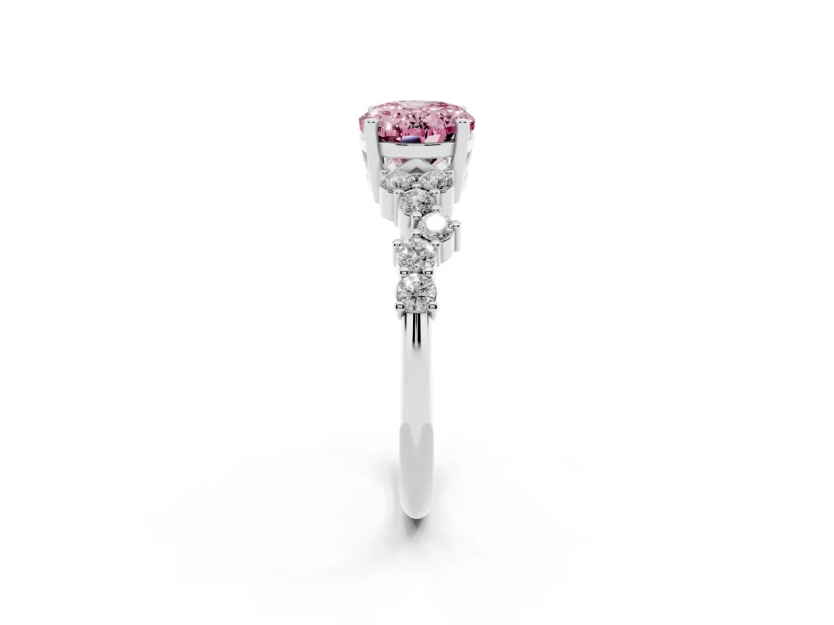 Fancy Pink Oval Cut Diamond Scattered Round Accent Ring with Prong Setting Platinum