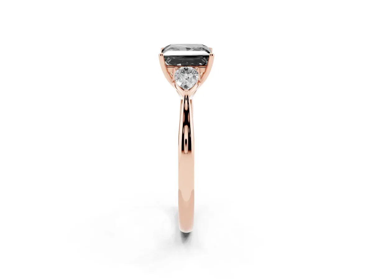 Fancy Black Three-Stone Princess Cut Brilliant Diamond Solitaire Ring with Tapered Band and Four-Prong Setting Rose gold