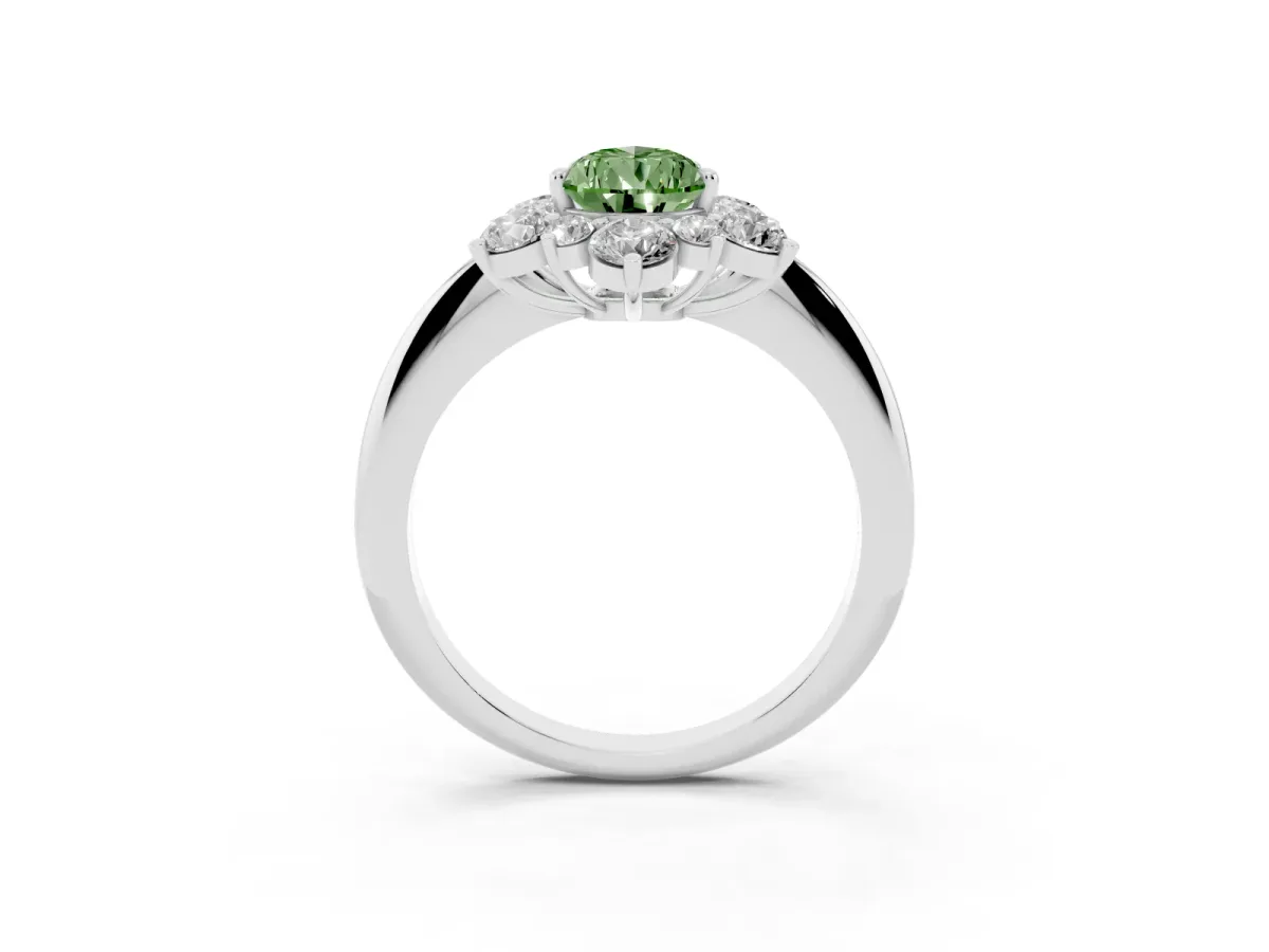 Fancy Green Pear Cut Diamond Cluster Halo Ring with Solitaire Band and Four-Prong Setting Silver