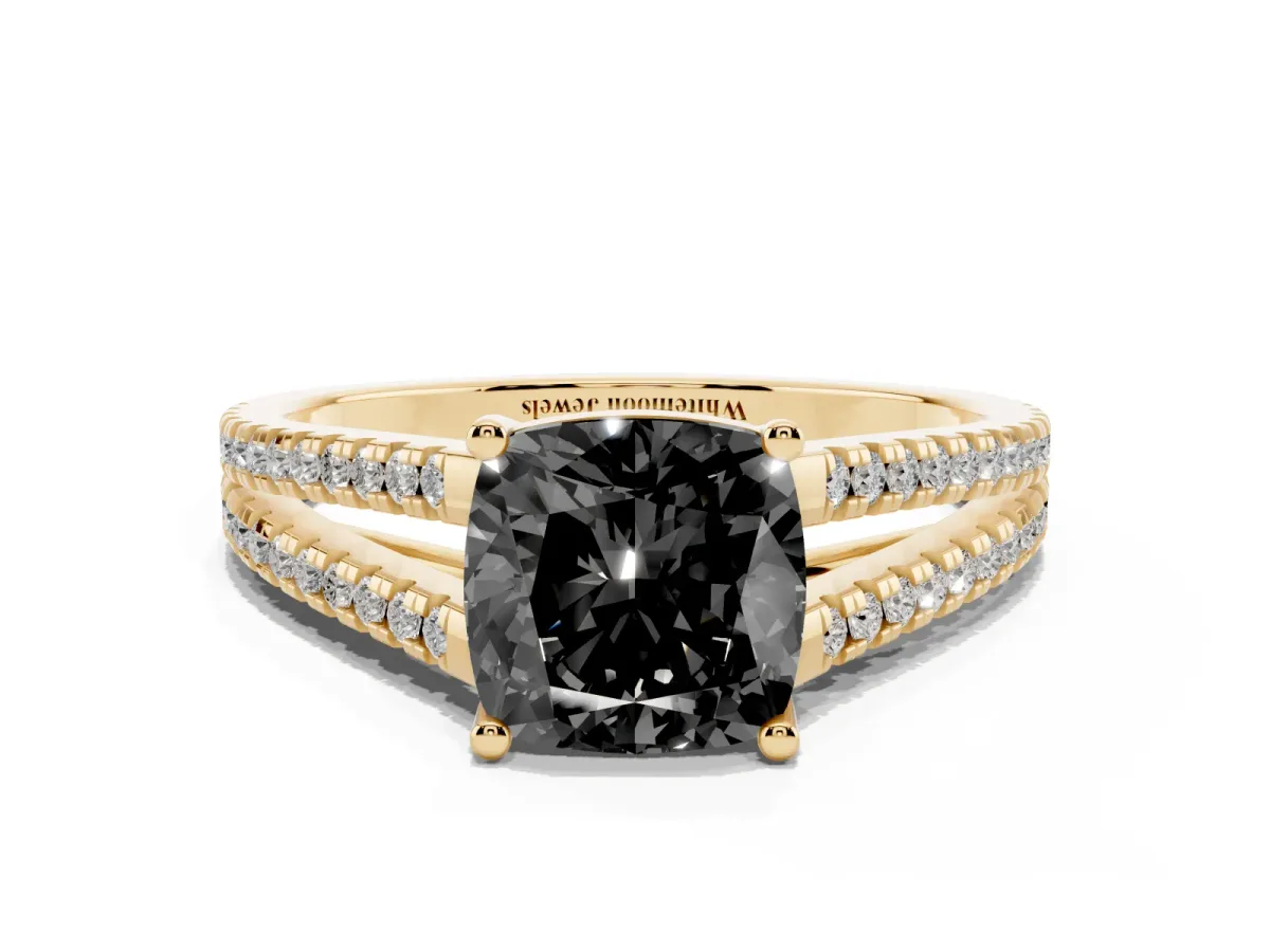 Fancy Black Cushion Cut Diamond Solitaire Engagement Ring with Split Shank Pavé Band Yellow gold