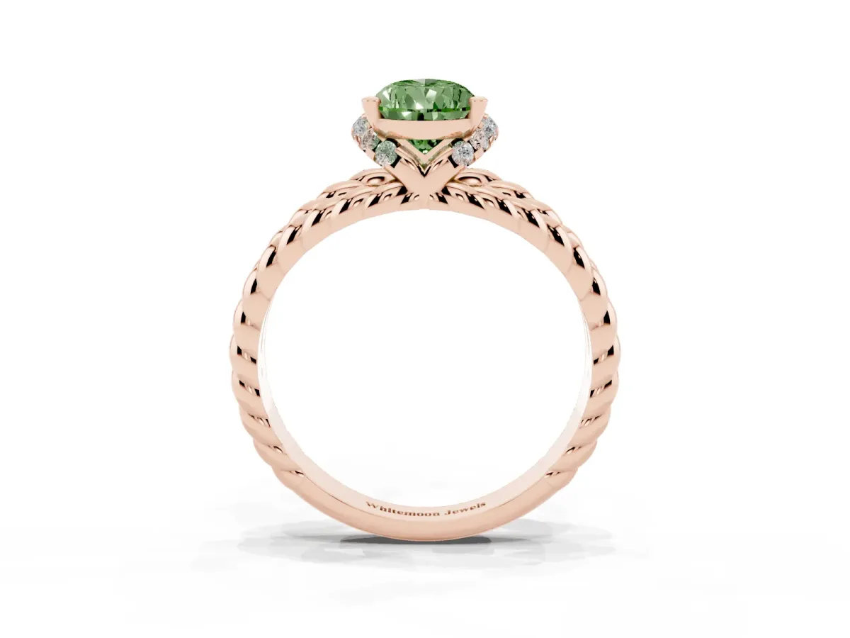 Fancy Green Pear Cut Halo Twisted Band Four-Prong Ring Rose gold