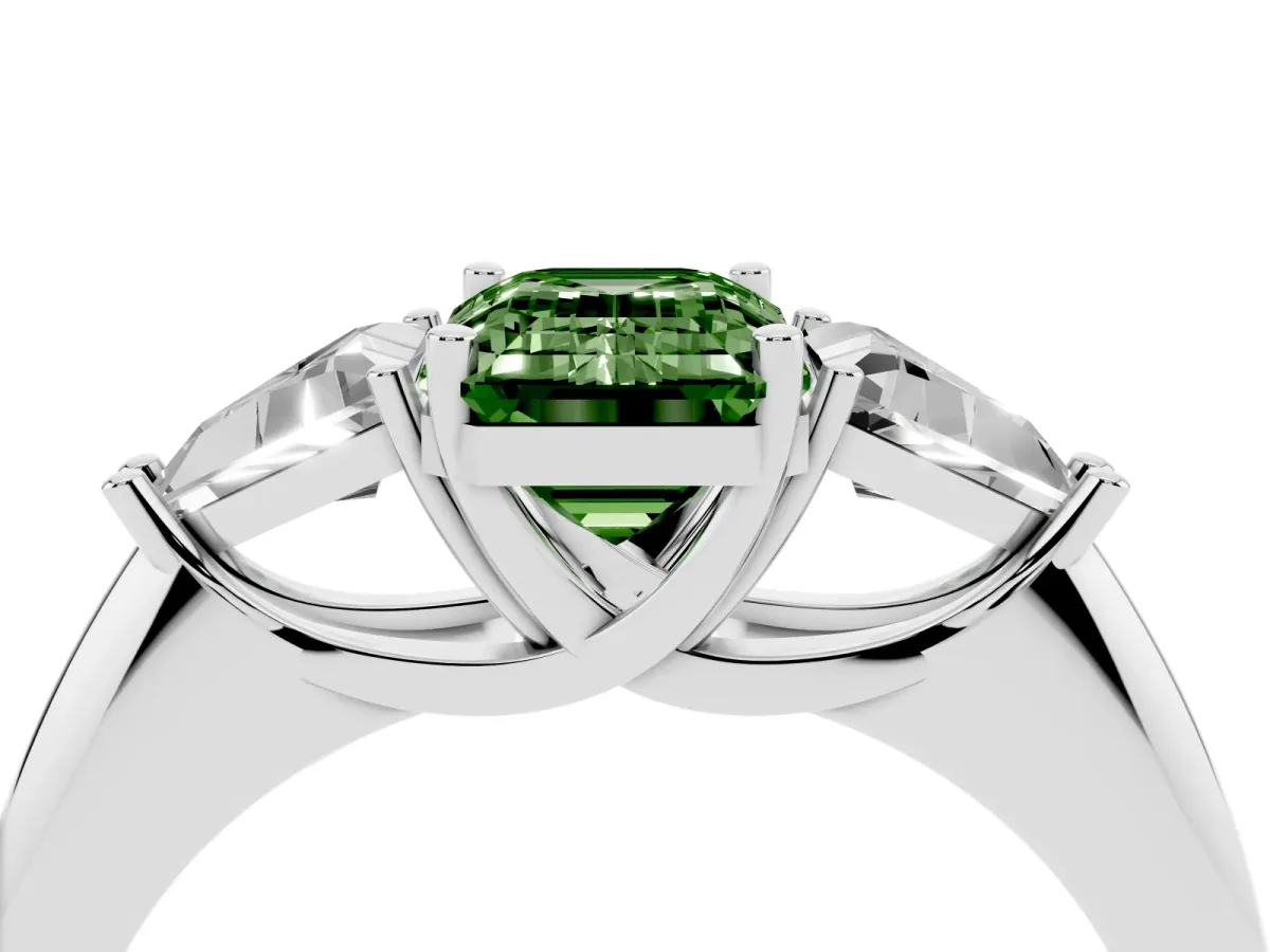 Fancy Green Three-Stone Emerald Cut Diamond Engagement Ring with Trillion Side Stones and Prong Setting Silver
