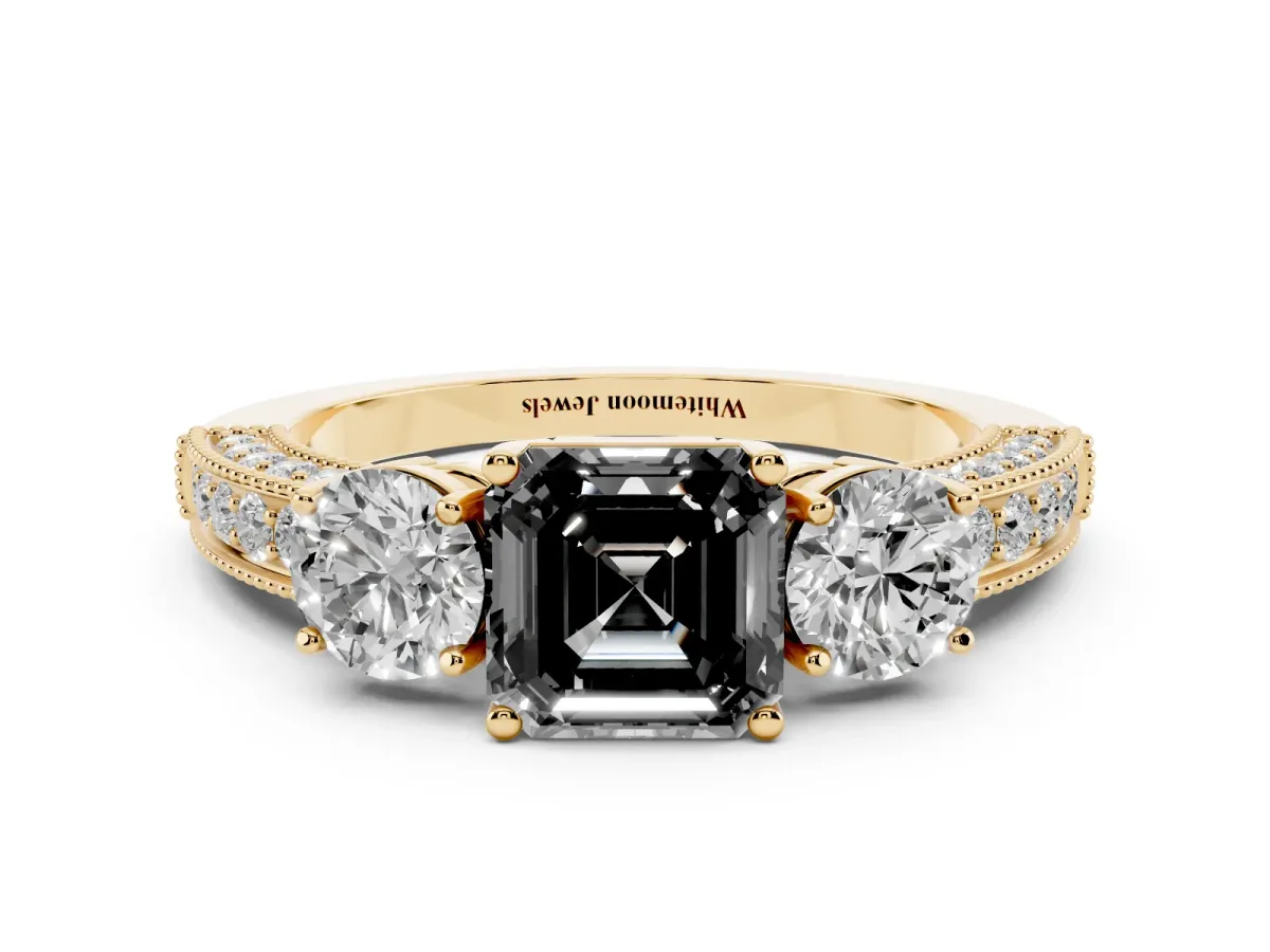 Fancy Black Asscher Cut Three-Stone Diamond Ring with Pavé Band and Four-Prong Setting Yellow gold