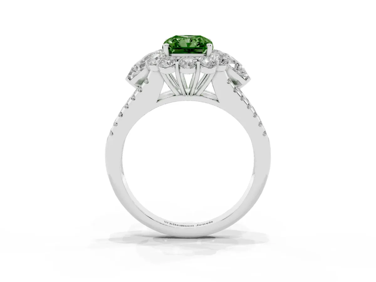 Fancy Green Radiant Cut Halo Split Shank Diamond Engagement Ring with Prong Setting Silver