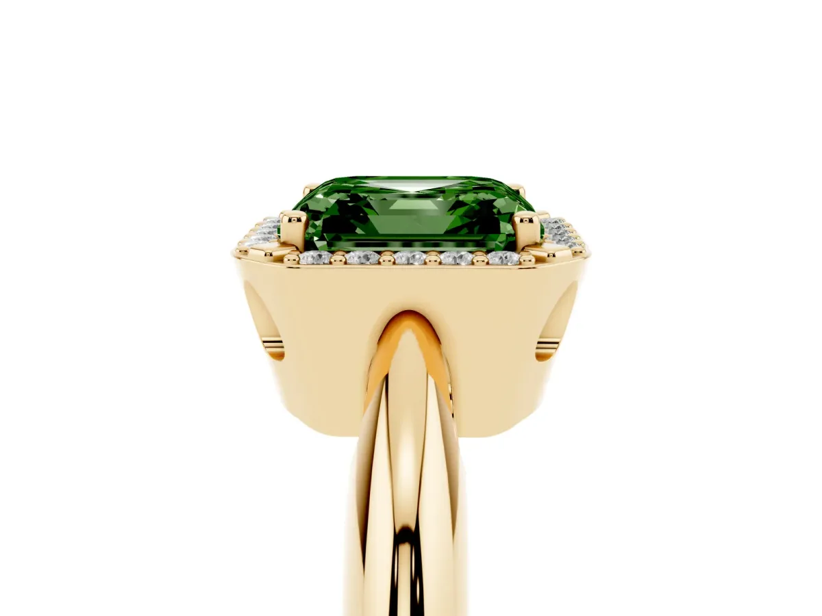Fancy Green Asscher Cut Cut Diamond Halo Engagement Ring with Split Shank and Four-Prong Setting Yellow gold