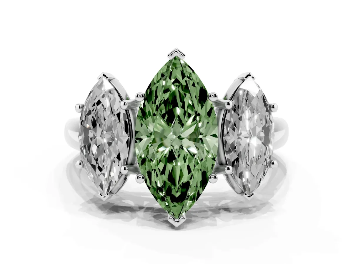 Fancy Green Three-Stone Marquise Cut Diamond Engagement Ring with Prong Setting Silver